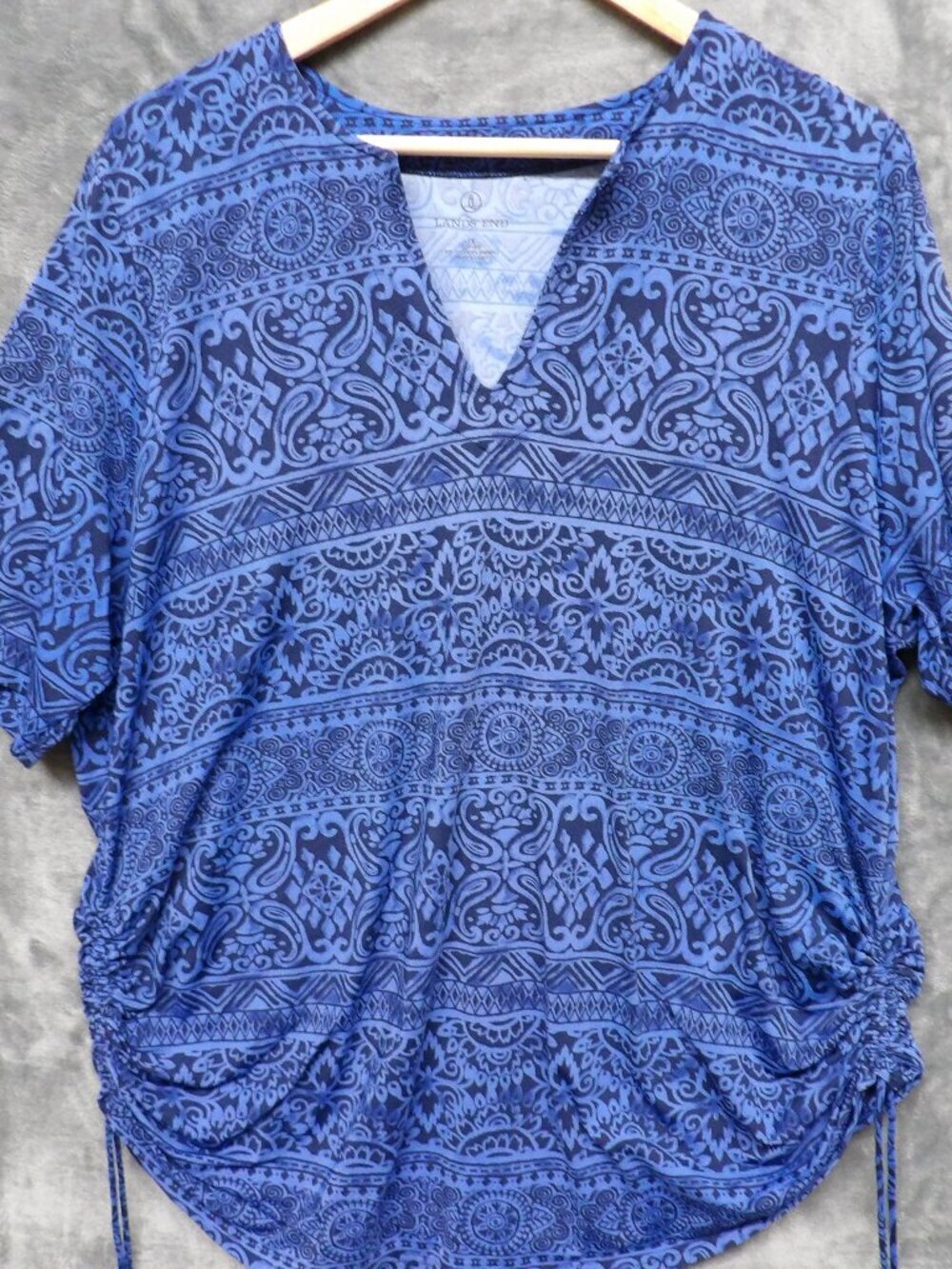 Lands’ End 1X Blue Paisley Boho Tunic Top with Stretch Knit Ruched Sides